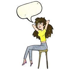 cartoon woman posing on stool with speech bubble N4