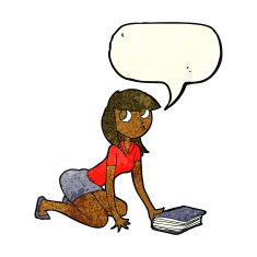 cartoon girl picking up book with speech bubble N4