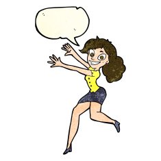 cartoon happy woman jumping with speech bubble N3