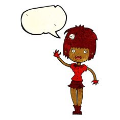 cartoon waving vampire girl with speech bubble N8