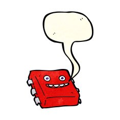 cartoon computer chip with speech bubble N2