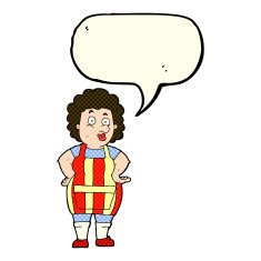 cartoon woman in kitchen apron with speech bubble N5