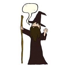 cartoon old wizard with speech bubble N5