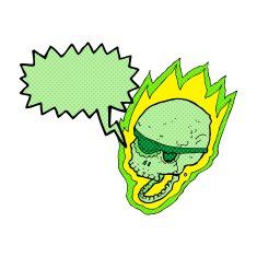 cartoon flaming pirate skull with speech bubble N5