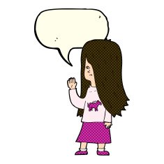 cartoon girl with pony shirt waving speech bubble N4
