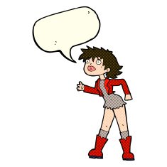 cartoon girl in leather jacket with speech bubble N5