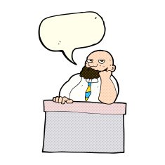 cartoon bored man at desk with speech bubble N5