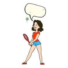 cartoon woman playing tennis with speech bubble N4