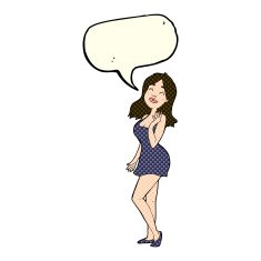 cartoon pretty woman in cocktail dress with speech bubble N5