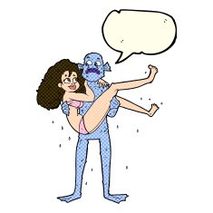 cartoon swamp monster carrying woman in bikini with speech bubbl N5