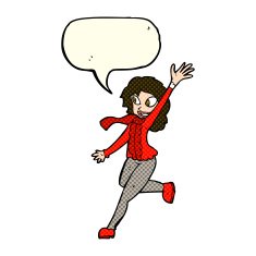 cartoon woman waving dressed for winter with speech bubble N4