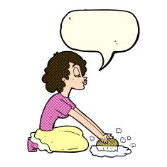 cartoon woman scrubbing floor with speech bubble N4