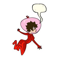 cartoon space woman with speech bubble N14
