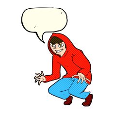 cartoon mischievous boy in hooded top with speech bubble N5