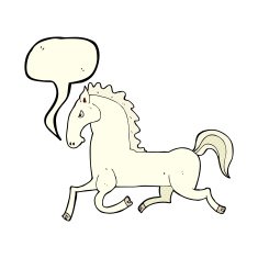 cartoon running white stallion with speech bubble N3
