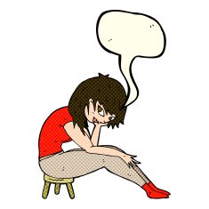 cartoon woman sitting on small stool with speech bubble N5