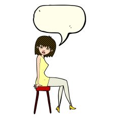 cartoon woman sitting on stool with speech bubble N9