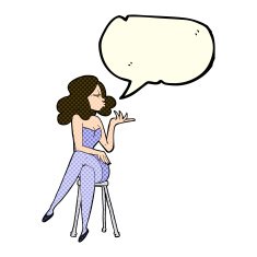 cartoon woman sitting on bar stool with speech bubble N8