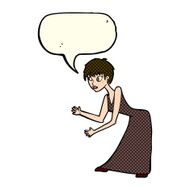 cartoon woman in dress gesturing with speech bubble N5