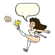 cartoon female soccer player kicking ball with speech bubble N5