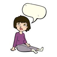 cartoon woman sitting on floor with speech bubble N5