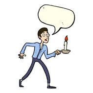 cartoon frightened man walking with candlestick speech bubb N4