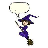 cartoon witch riding broomstick with speech bubble N9