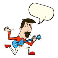 cartoon man playing electric guitar with speech bubble N7