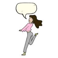 cartoon happy girl kicking out leg with speech bubble N4
