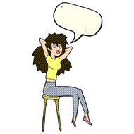 cartoon woman posing on stool with speech bubble N5