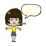 cartoon woman with knife between teeth speech bubble N16