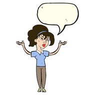 cartoon woman raising hands in air with speech bubble N9