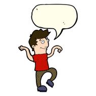 cartoon happy man doing funny dance with speech bubble N8