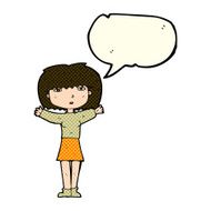cartoon woman raising arms in air with speech bubble N5
