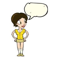 cartoon happy woman in short skirt with speech bubble N3