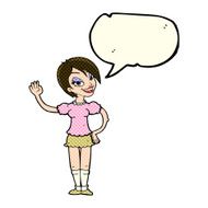 cartoon waving woman with speech bubble N65