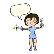 cartoon future space girl with speech bubble N5