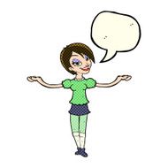 cartoon woman making open arm gesture with speech bubble N5