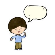 cartoon unhappy boy giving peace sign with speech bubble N5