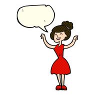 cartoon woman with raised arms speech bubble N5