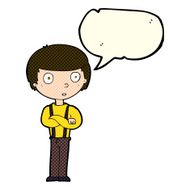 cartoon staring boy with folded arms speech bubble N5