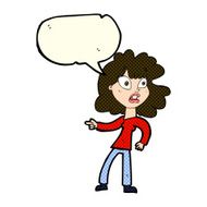 cartoon worried woman pointing with speech bubble N4