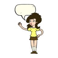 cartoon pretty woman waving for attention with speech bubble N5