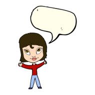 cartoon happy woman waving arms with speech bubble N5