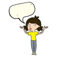 cartoon woman throwing arms in air with speech bubble N5