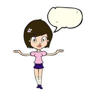 cartoon woman making balancing gesture with speech bubble N5