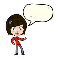 cartoon pretty woman pointing with speech bubble N19