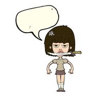 cartoon woman with knife between teeth speech bubble N18