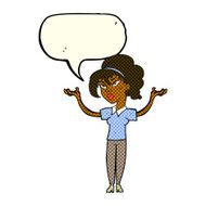 cartoon woman raising hands in air with speech bubble N10