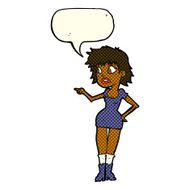 cartoon worried woman in dress pointing with speech bubble N5